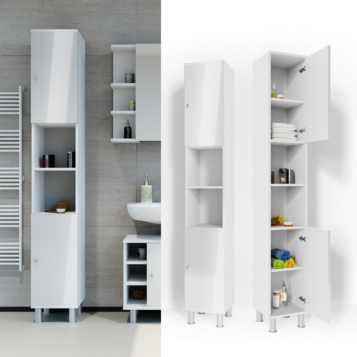 BADSCHRANK Fynn Weiß Hochglanz 30 x 190 cm - Weiß Hochglanz, Holzwerkstoff (30/190/30cm) - Vicco