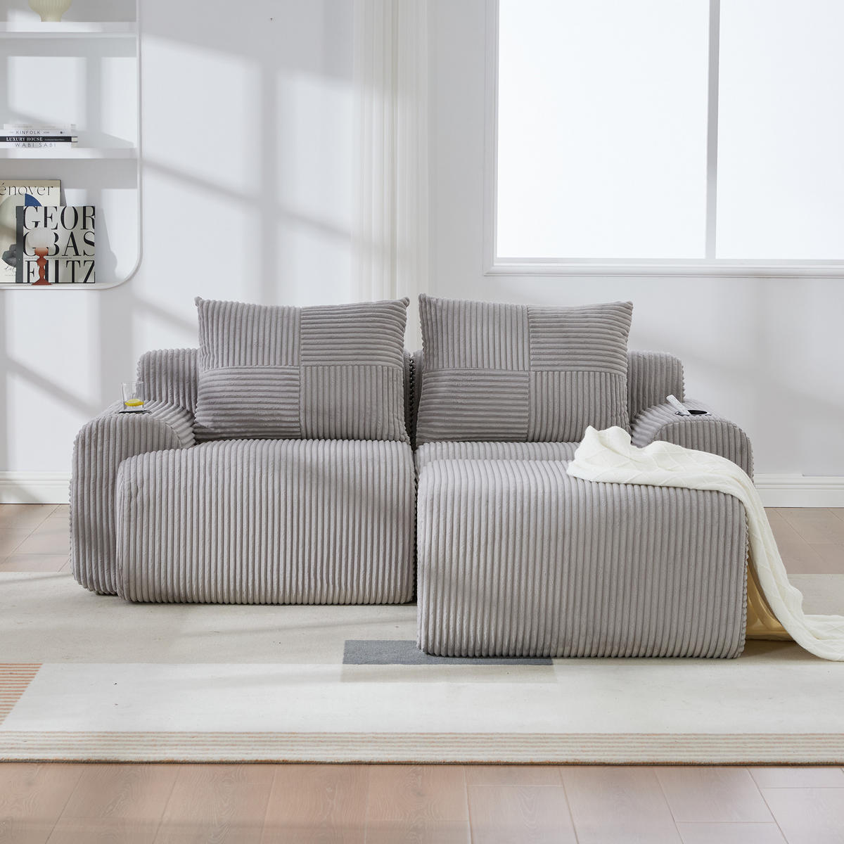 2-SITZER-SOFA aus Cord 200x174x80 cm mit Cupholder & Seitentasche, hellgrau - Hellgrau, Textil (174/80/200cm)