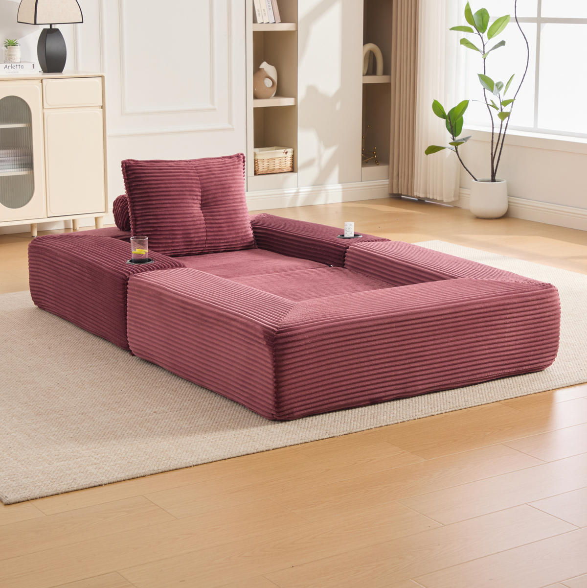 KLAPPSOFA aus Cord mit Seitenfach und Getränkehalter 122 cm Wine Red - Rot, Kunststoff (98/80/122cm) - Meubliv