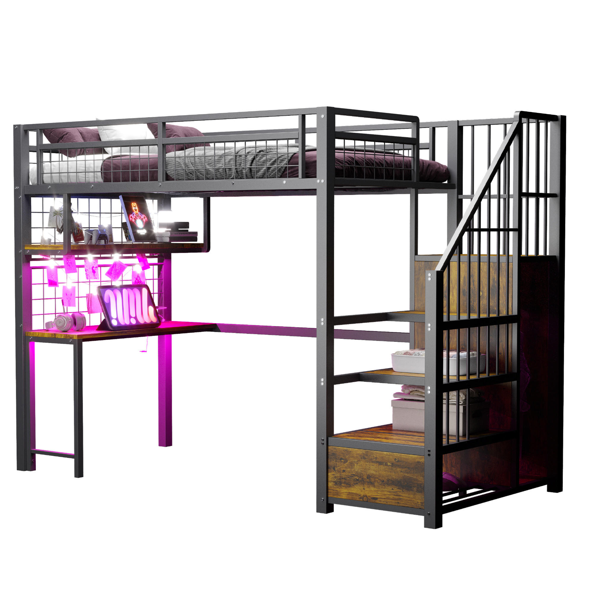 HOCHBETT aus Metall 90x200 cm Schwarz mit Schreibtisch, Lichtleiste, Steckdosen, Stauraumtreppe und Kleiderschrank - Schwarz, Metall (90/190cm) - Modfu