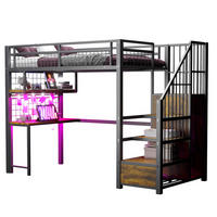 HOCHBETT aus Metall 90x200 cm Schwarz mit Schreibtisch, Lichtleiste, Steckdosen, Stauraumtreppe und Kleiderschrank - Schwarz, Metall (90/190cm) - Modfu