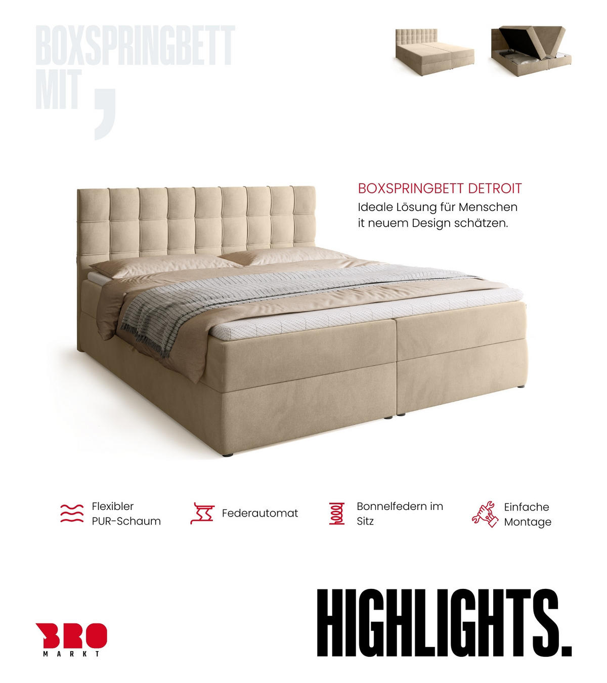 BOXBETT Detroit mit Topper 180/200 Beige - Beige, Holzwerkstoff/Textil (180/200cm) - Bromarkt