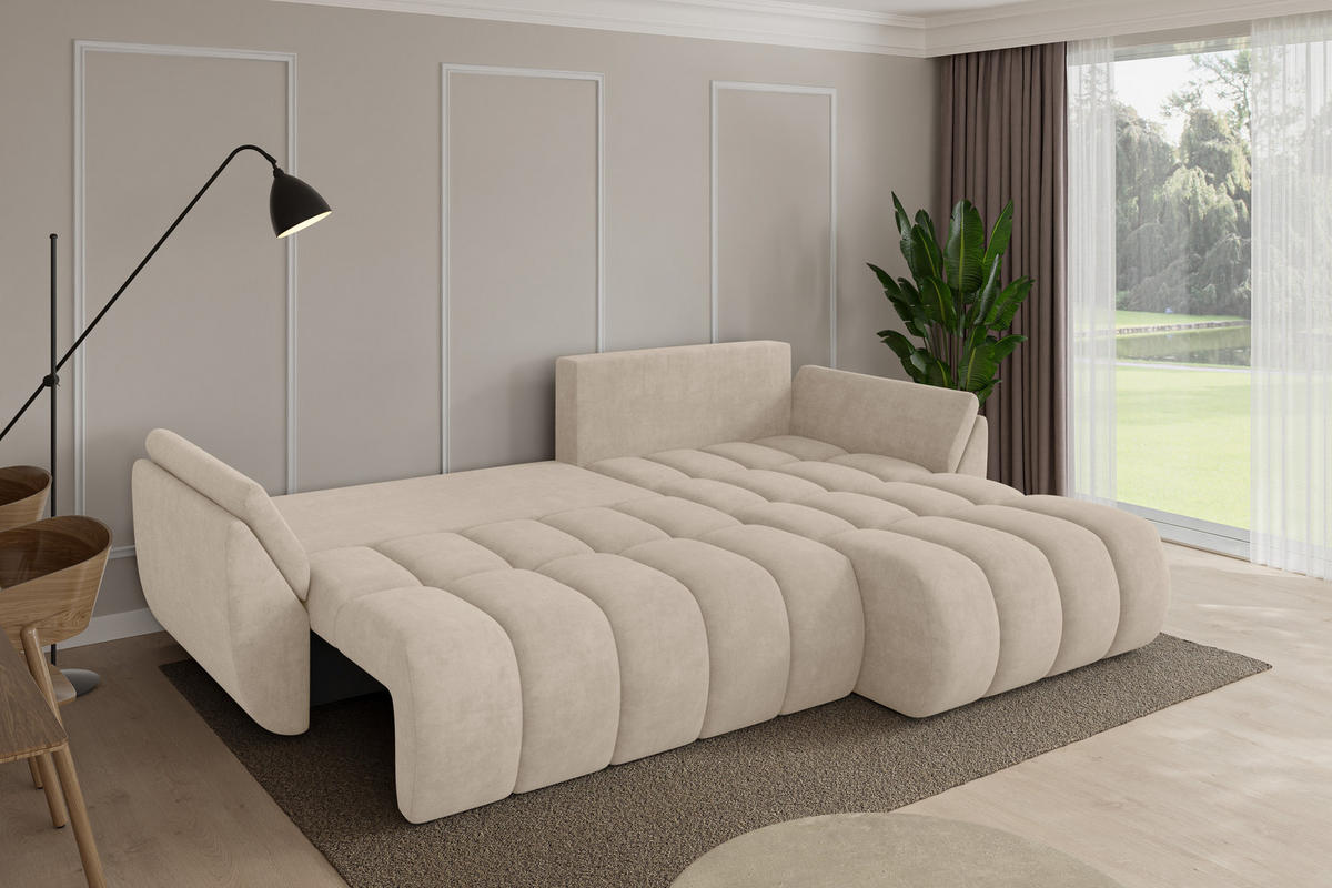 ROHOVÁ SEDAČKA s funkcí spaní, otoman vpravo TOKO-L-v1 277x194x86 béžová velur - černá/Sahara, kompozitní dřevo/textil (277/194cm) - ALTDECOR