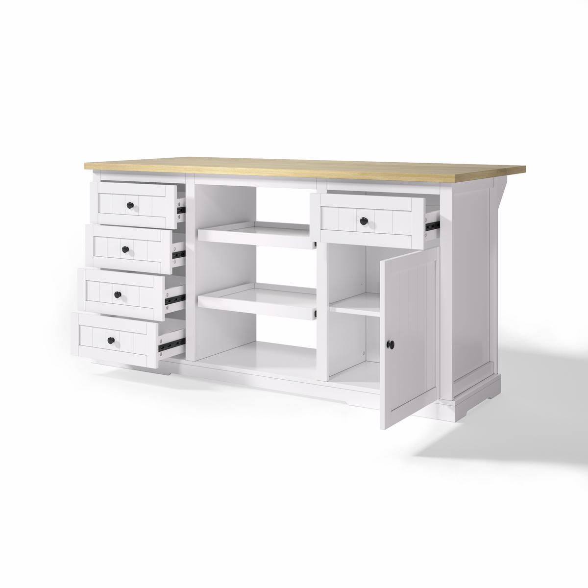 BUFFET 150/65/75,5 cm natur/weiß aus MDF mit Klappplatte und Steckdosen - Naturfarben, Holzwerkstoff (150/75.5/65cm) - OKWISH