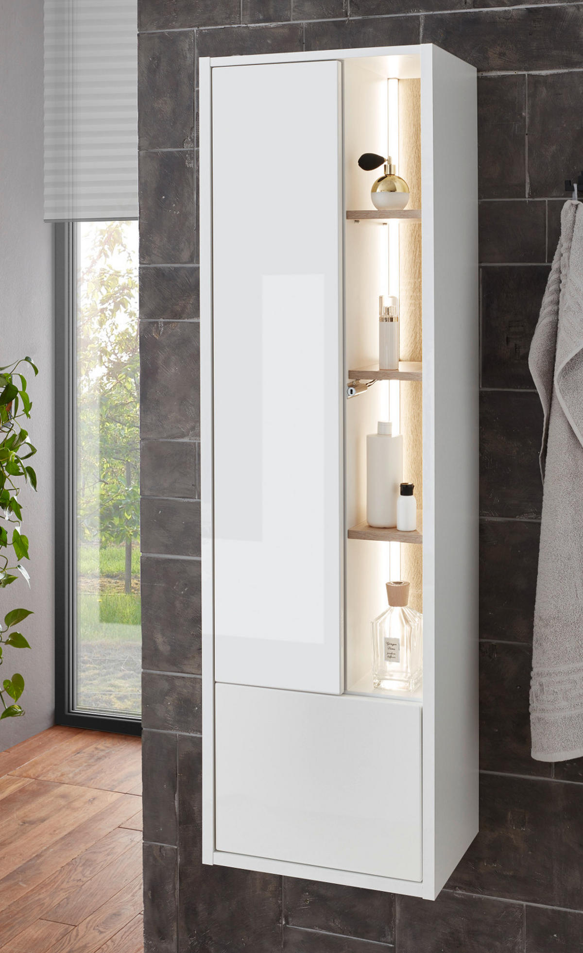 BADMÖBEL-SET 3-teilig weiß Hochglanz, Eiche, Komplettset mit LED Beleuchtung 135 cm - Weiß Hochglanz, Glas/Holzwerkstoff (135/190/46cm) - Furn.Design