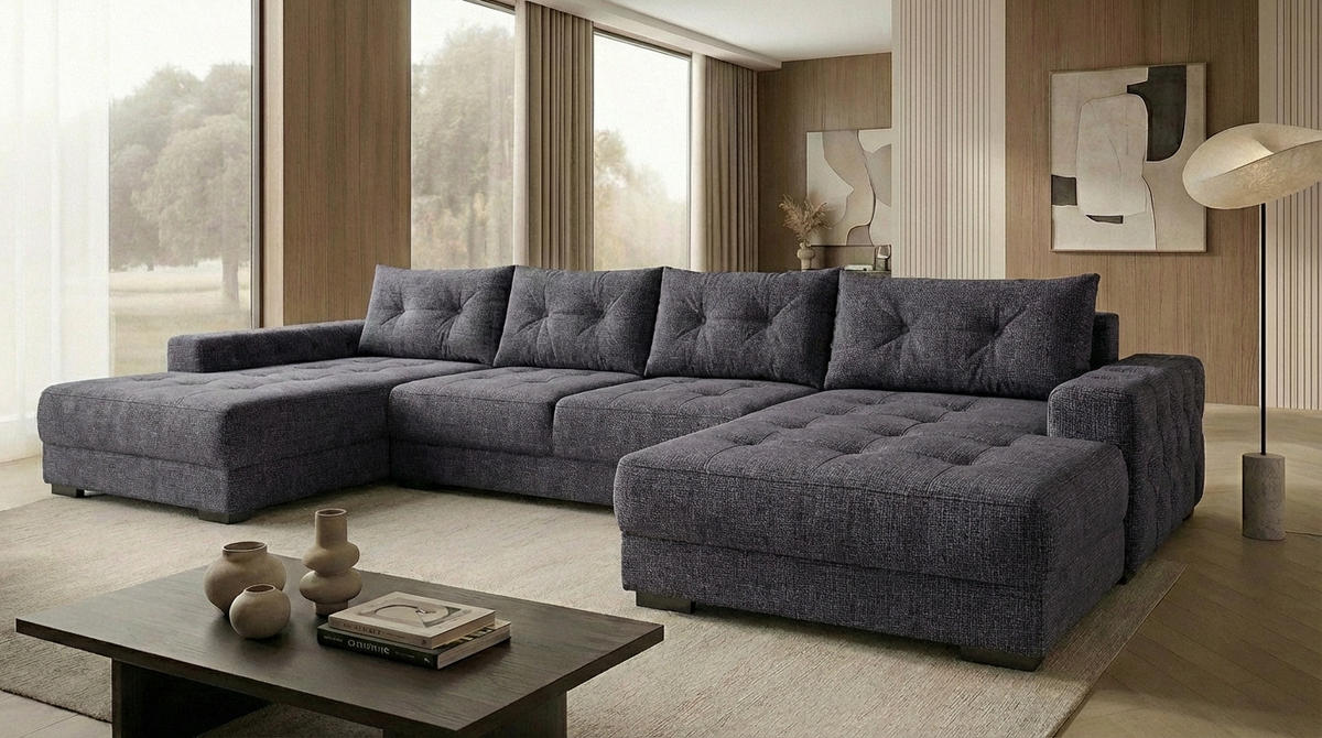 ECKSOFA MODENA 320 cm x 185 cm – Stoff: SAWANA Pfeffer 5 Farbe: Dunkelgrau - Dunkelgrau, Textil (320/185cm) - A&J MöbelLand