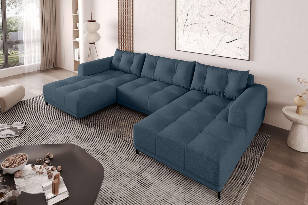 WOHNLANDSCHAFT Strukturstoff Dunkelblau inkl. Schlaffunktion - Schwarz/Dunkelblau, Textil/Metall (348/94/181cm) - 99rooms