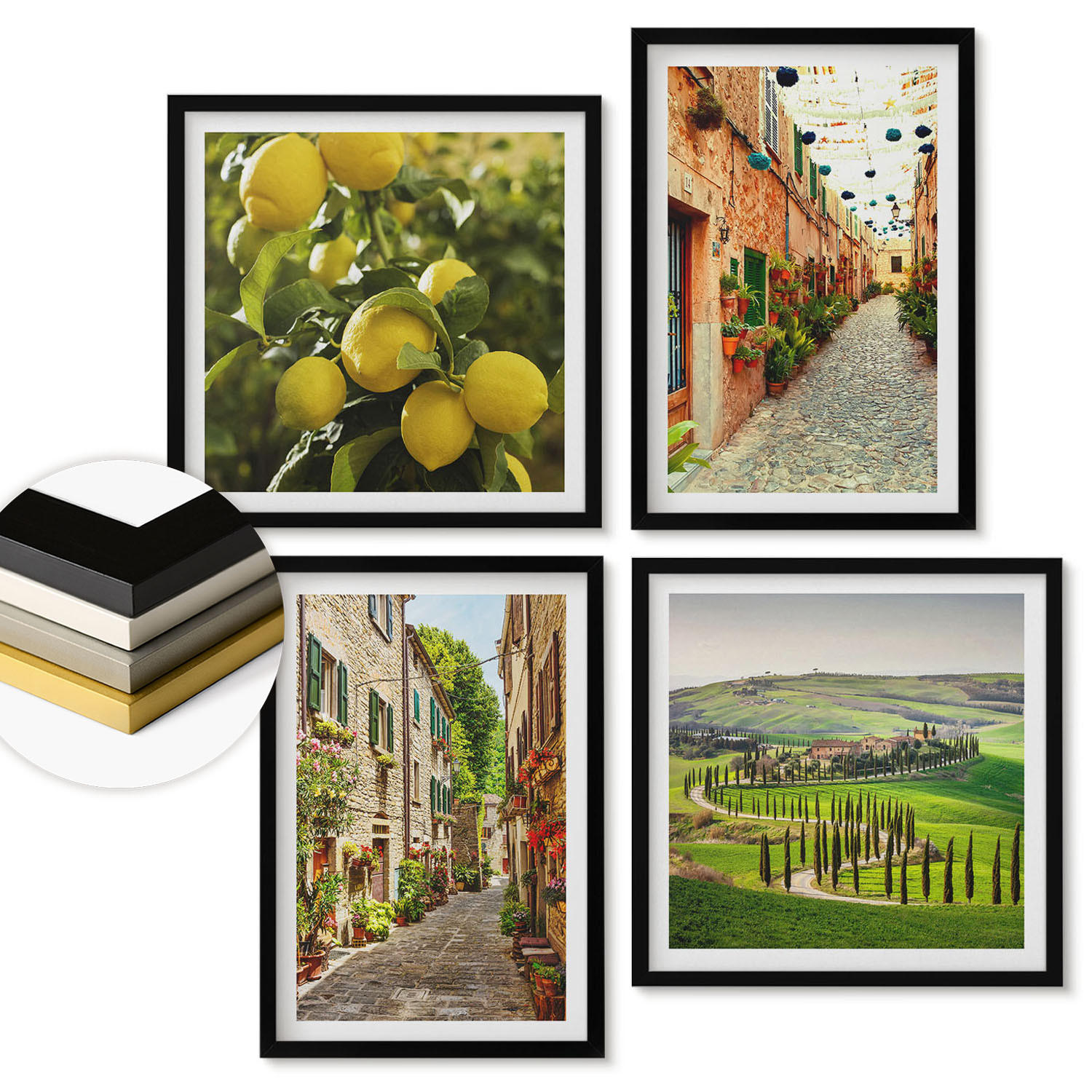 WANDBILDER 4er-Set - 50x50 cm & 40x60 cm Schwarzer Rahmen - Bezaubernde Straßen voller Zitronenblüten - Schwarz, Kunststoff (50/50cm) - ArtPrintCave