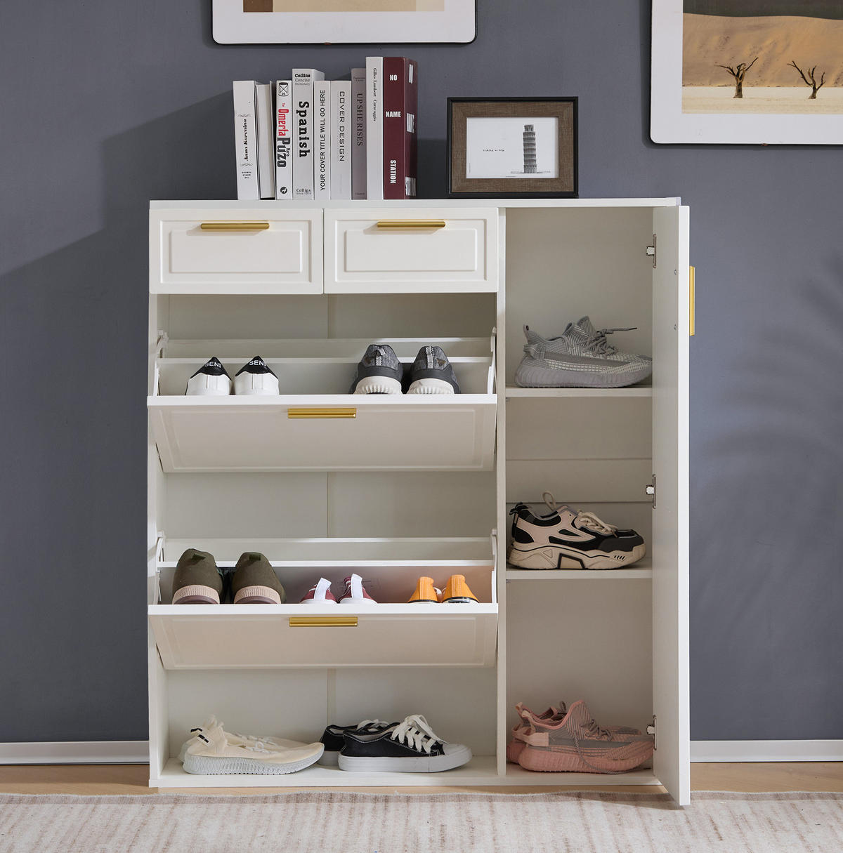 SCHUHSCHRANK 95/24/107,5 cm weiß aus Spanplatte mit Schubladen und verstellbaren Regalen - Weiß, Holzwerkstoff (95/107/24cm) - OKWISH