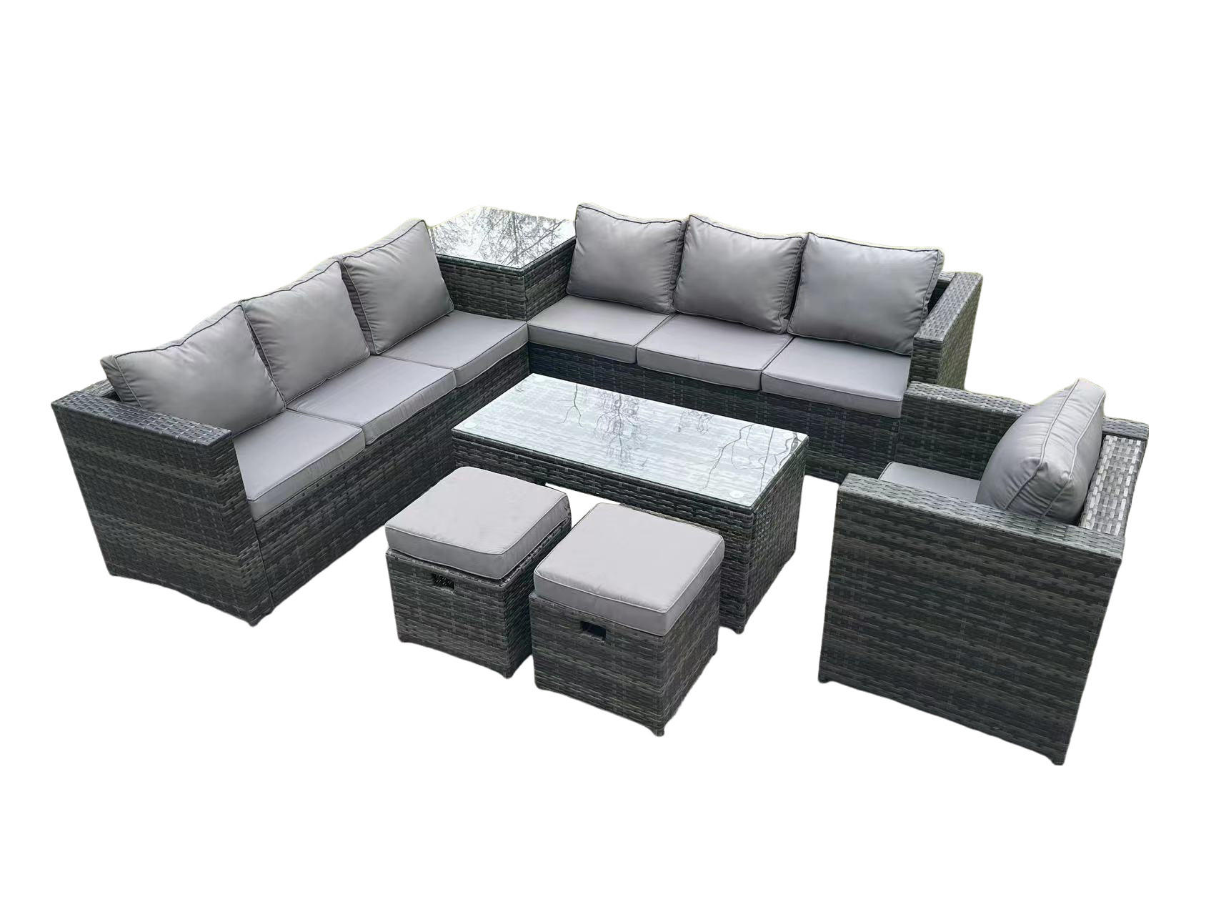 GARTENSOFA-SET MIT COUCHTISCH LOUNGE SOFA HOCKER Polyrattan Outdoor 9-Sitzer - Dunkelgrau/Grau, Glas/Kunststoff - Fimous