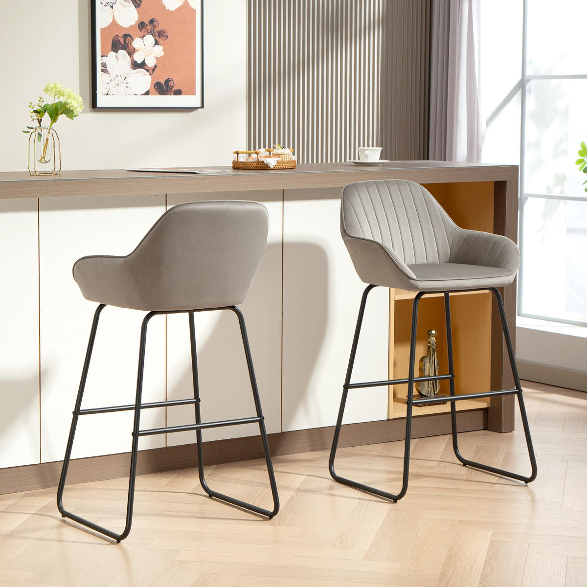 BARHOCKER 2er-Set DE-07992 mit Stoffbezug, Schaumstoffpolsterung und Armlehnen Grau - Grau, Metall (50.5/96/53cm) - ComfortXL