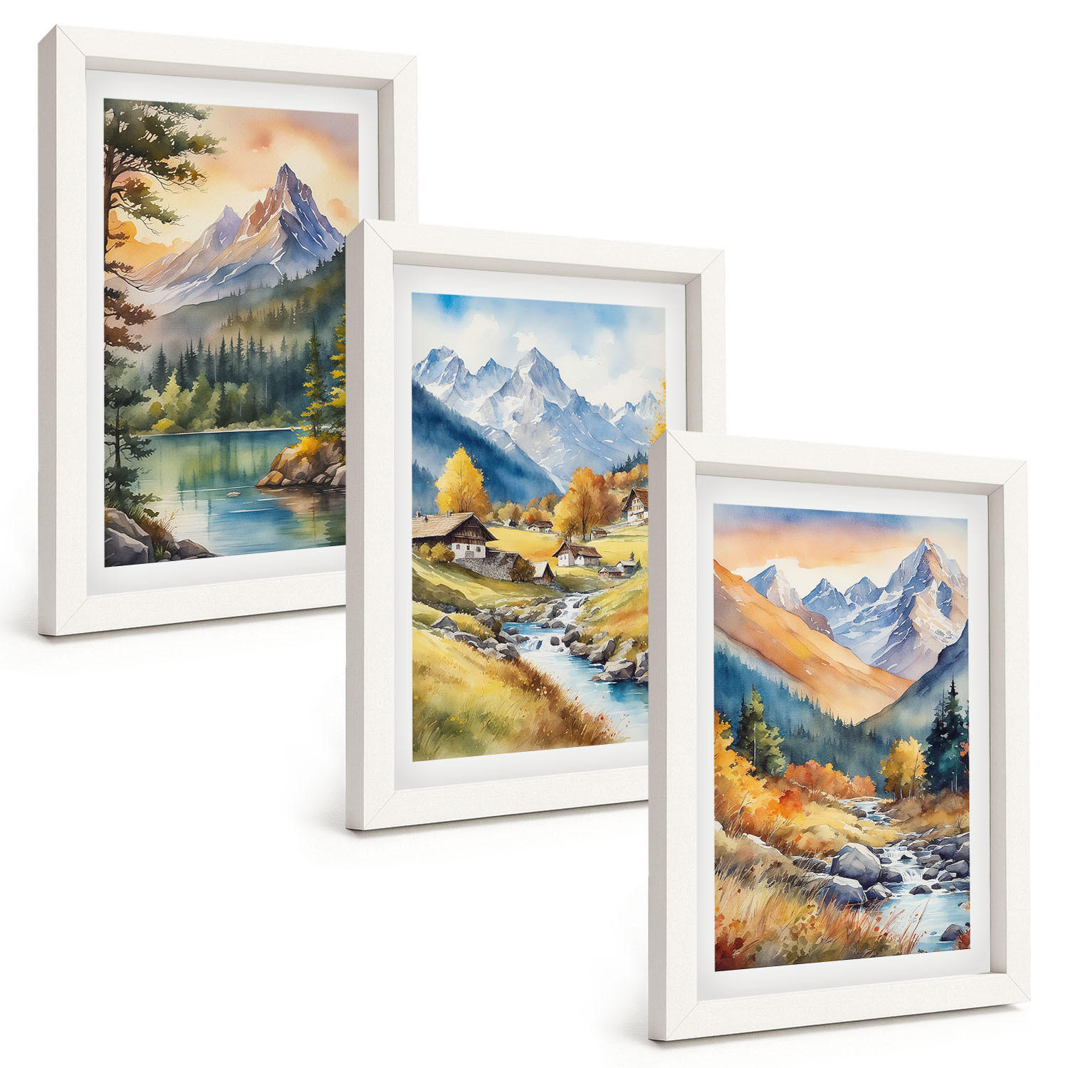 BILDER SET 3er Set - 20x30 cm Weißer Rahmen - Berglandschaft mit einem Fluss - Weiß, Kunststoff (20/30cm) - TULUP