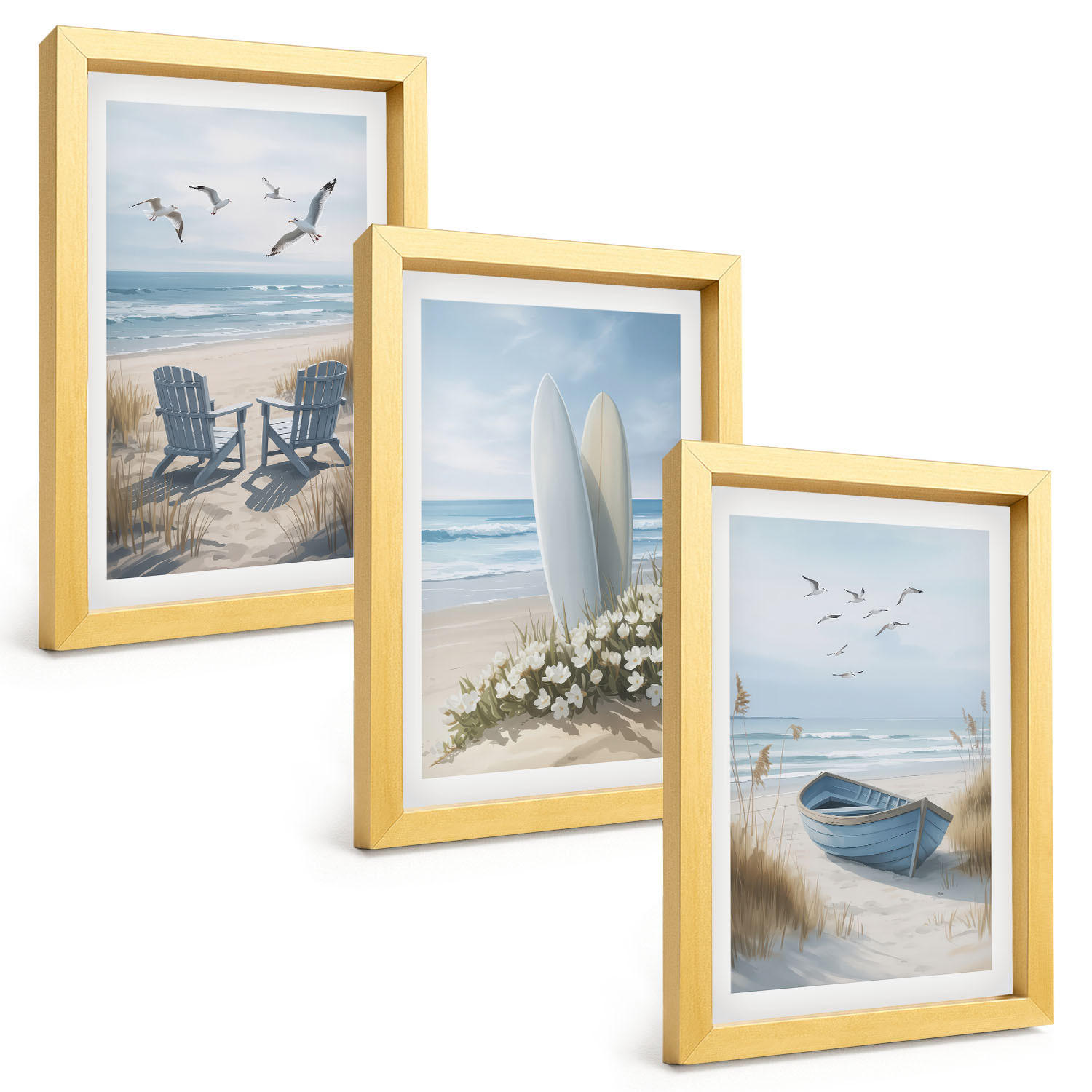 BILDER SET 3er Set - 20x30 cm Goldrahmen - Strand Surfbretter Vögel - Goldfarben, Kunststoff (20/30cm) - TULUP