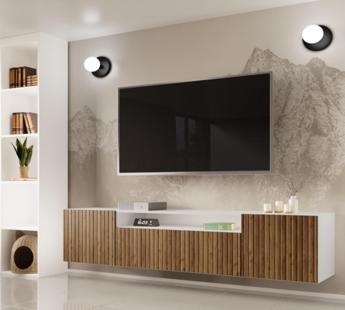 TV-SCHRANK Weiß Catania Eiche RIO Hängend Frezierte Fronten 200 cm - Weiß, Holzwerkstoff (200/40/41cm) - Sepro Meble
