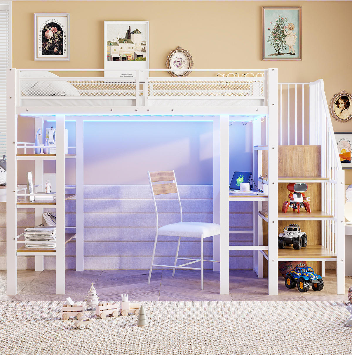HOCHBETT 90/200 cm mit LED-Lichtleiste, Schreibtisch, Regal und Kleiderschrank, Weiß - Weiß, Holzwerkstoff (90/200cm) - Redom