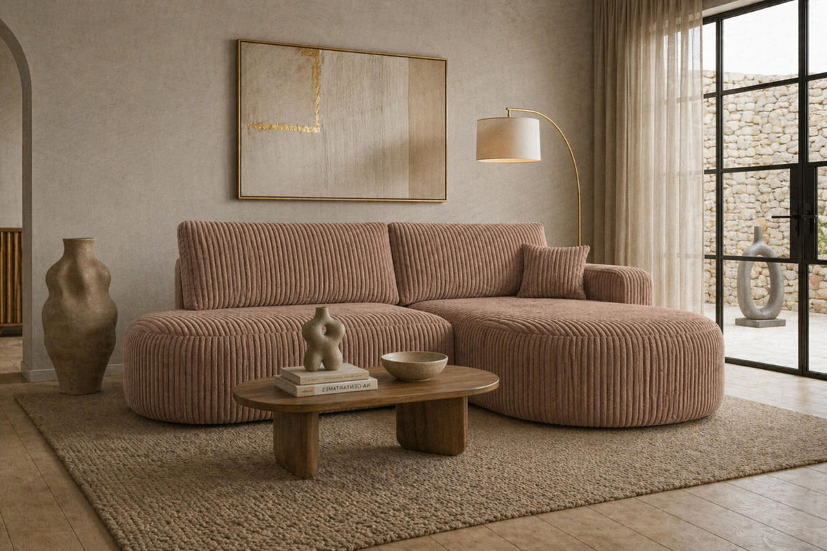 ECKSOFA Mit Schlaffunktion Und Bettkasten, Cordstoff Tilia, Braun, Rechts, ROUND ONE OPEN XL - Braun, Holz (262/175cm) - Kaiser Möbel