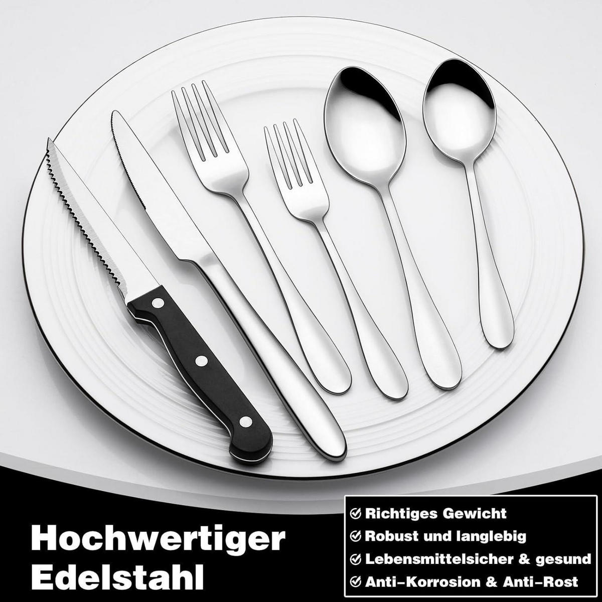 BESTECKSET 36-teilig für 6 Personen Edelstahl mit Steakmessern - Silberfarben, Metall