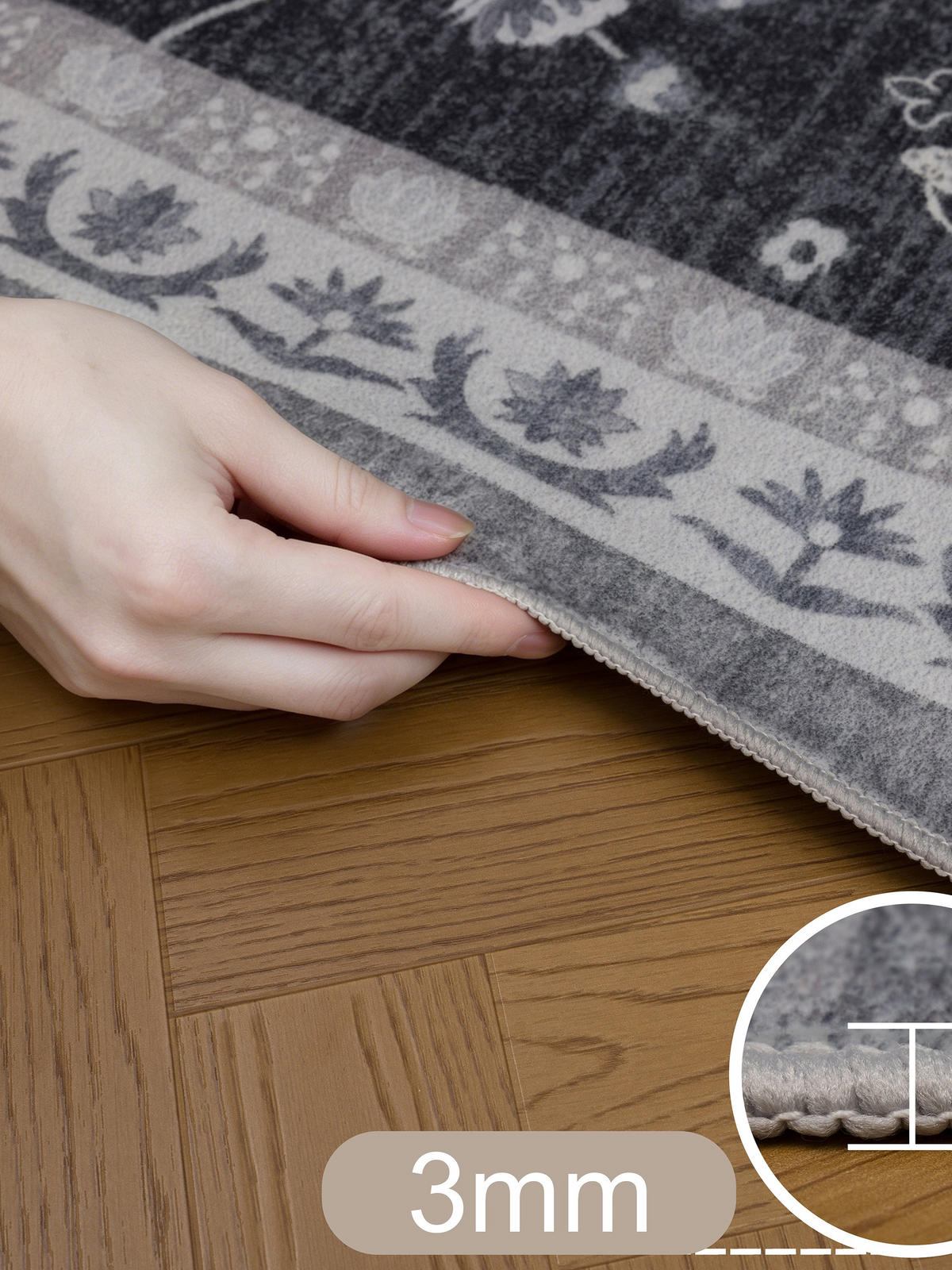 TEPPICH Kurzflor, waschbar, mit floralen Ornamenten, VERNANTE in Schwarz-Creme-Grau, 120 x 170 cm - Schwarz, Textil (120/170cm) - KADIMA DESIGN