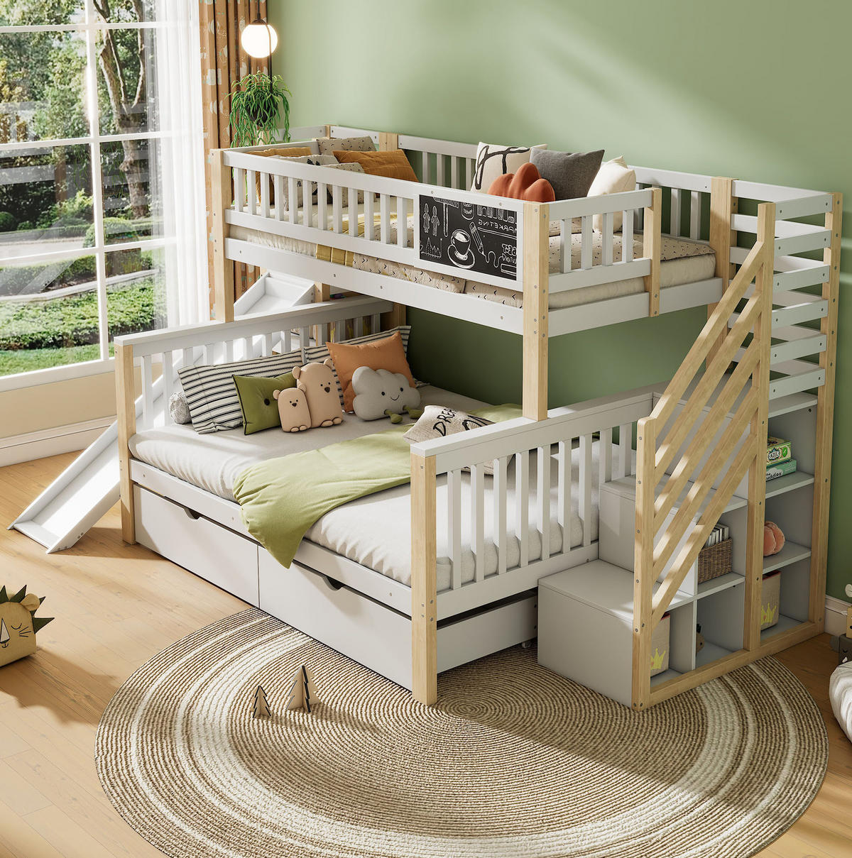 ETAGENBETT 90/200 & 140/200 cm aus Kiefer massiv mit Rutsche, Treppe und Stauraum Weiß/Natur - Weiß, Holz (140/200cm) - Modenvie