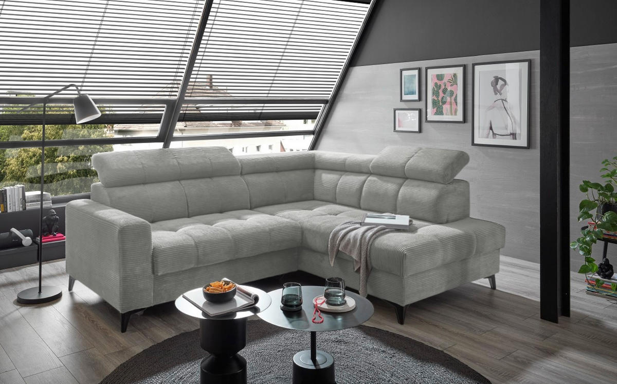 ECKSOFA mit elektronische Sitztiefenverstellung, USB-Anschluss und stilvollem Breitcord-Bezug - Silberfarben, Textil (200/243cm) - ed exciting design
