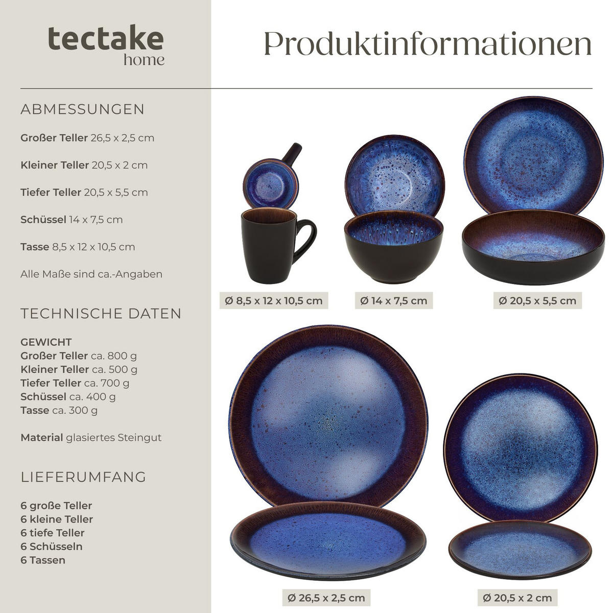 KOMBISERVICE Mare, ineinander stapelbar, blau/braun - Blau, Keramik (26.5/2.5/26.5cm) - tectake