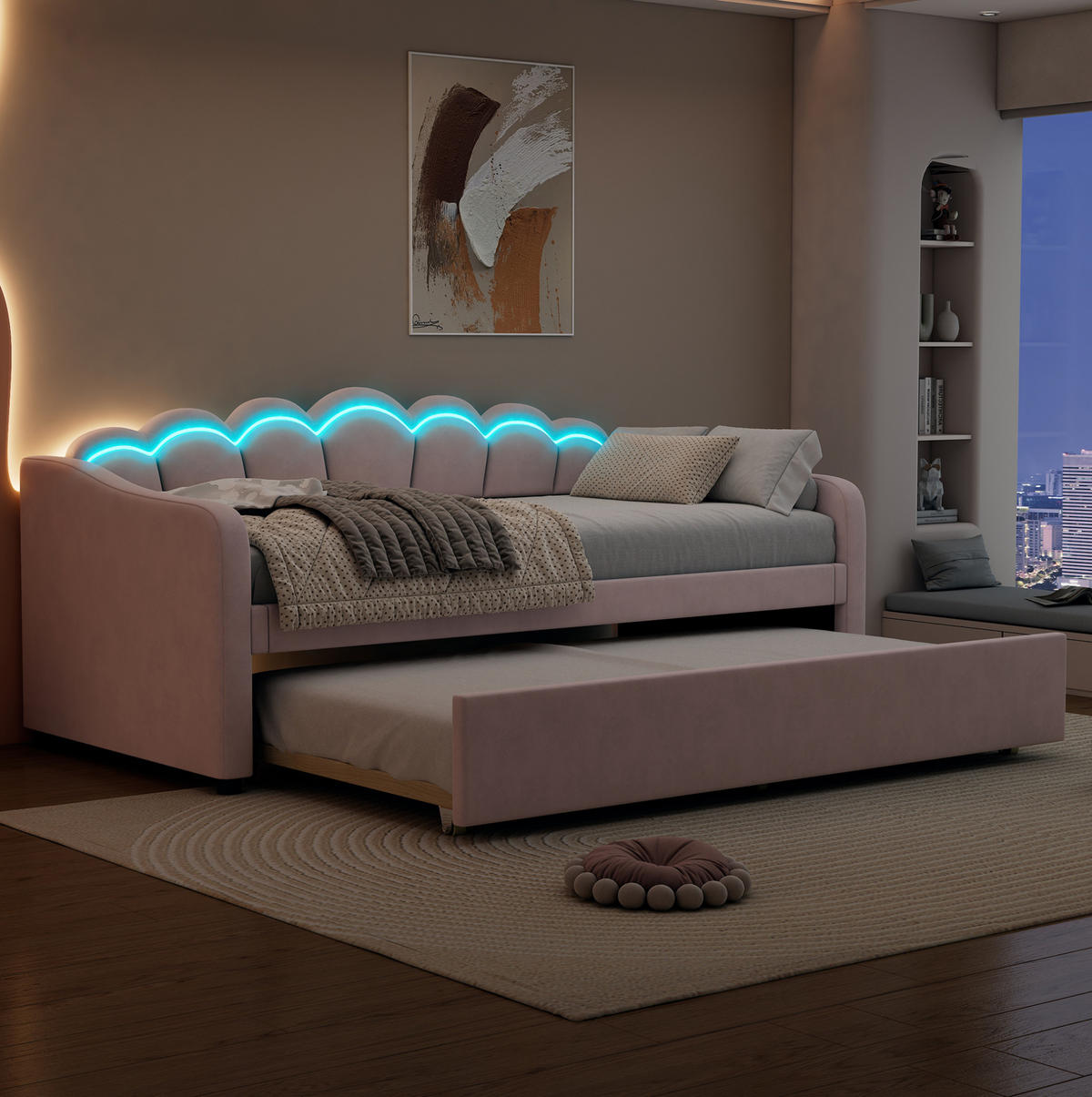 TAGESBETT 90/200 cm Rosa mit LED, ausziehbar, Samt ohne Matratze - Rosa, Textil (90/200cm) - MIVRAY