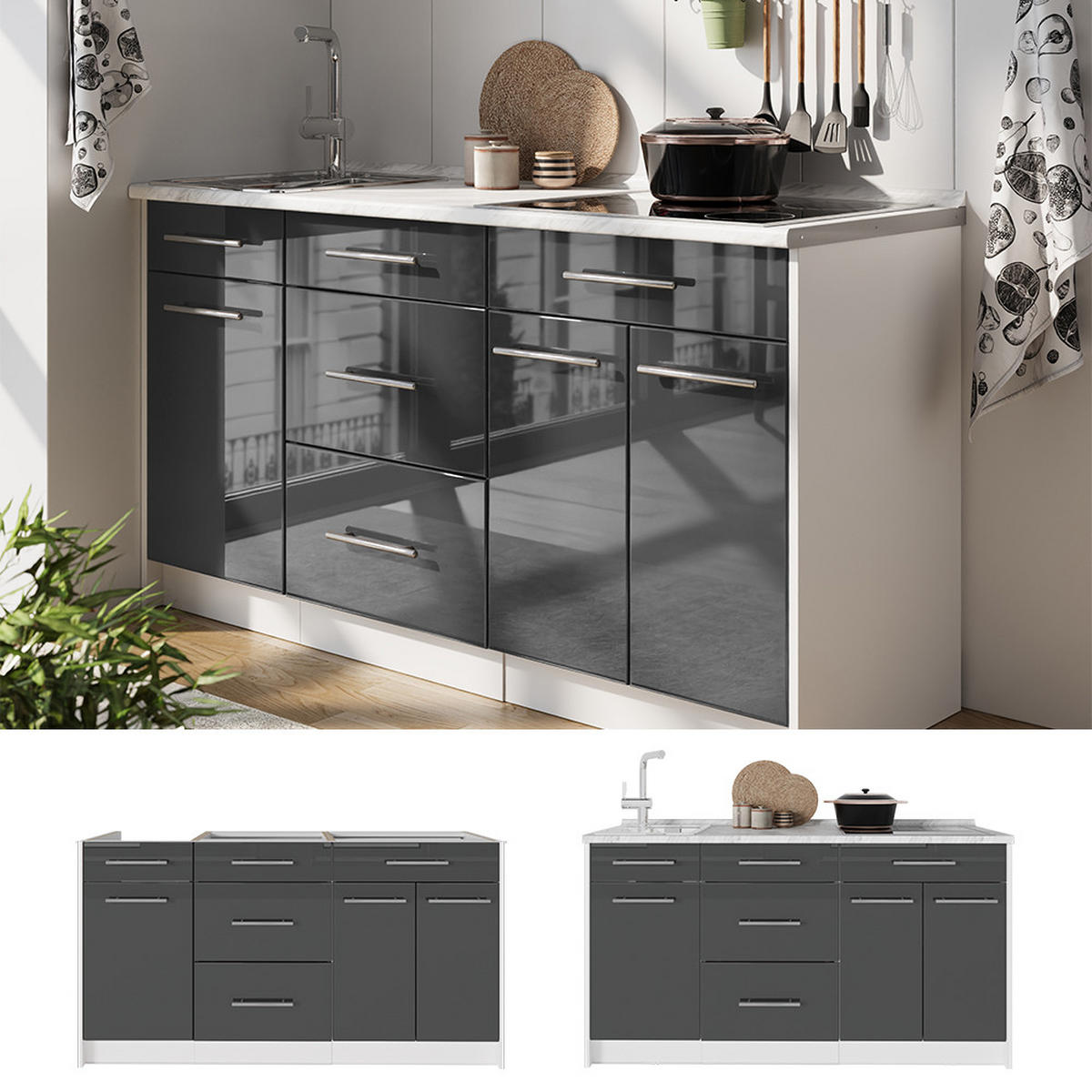 KUCHYNSKÝ BLOK Fame-Line, Antracit vysoký lesk/biely, 150 cm, AP Oak - biela/čierna s vysokým leskom, kompozitné drevo (150/82/60cm) - Vicco
