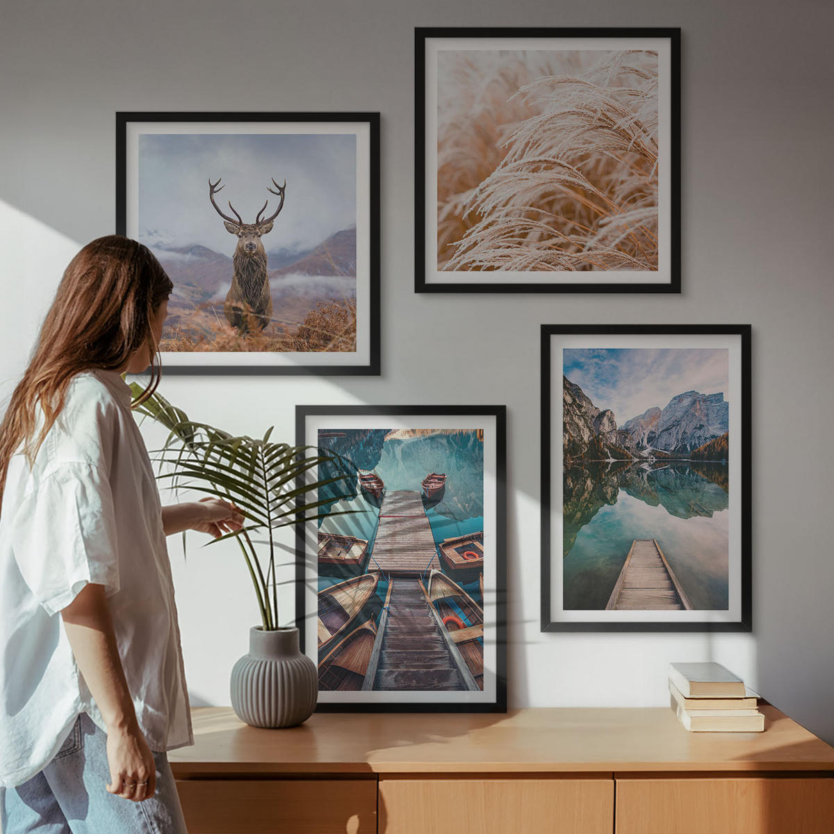 WANDBILDER 4er-Set - 50x50 cm & 40x60 cm Schwarzer Rahmen - Seeboote Hirsche Berge - Schwarz, Kunststoff (50/50cm) - ArtPrintCave