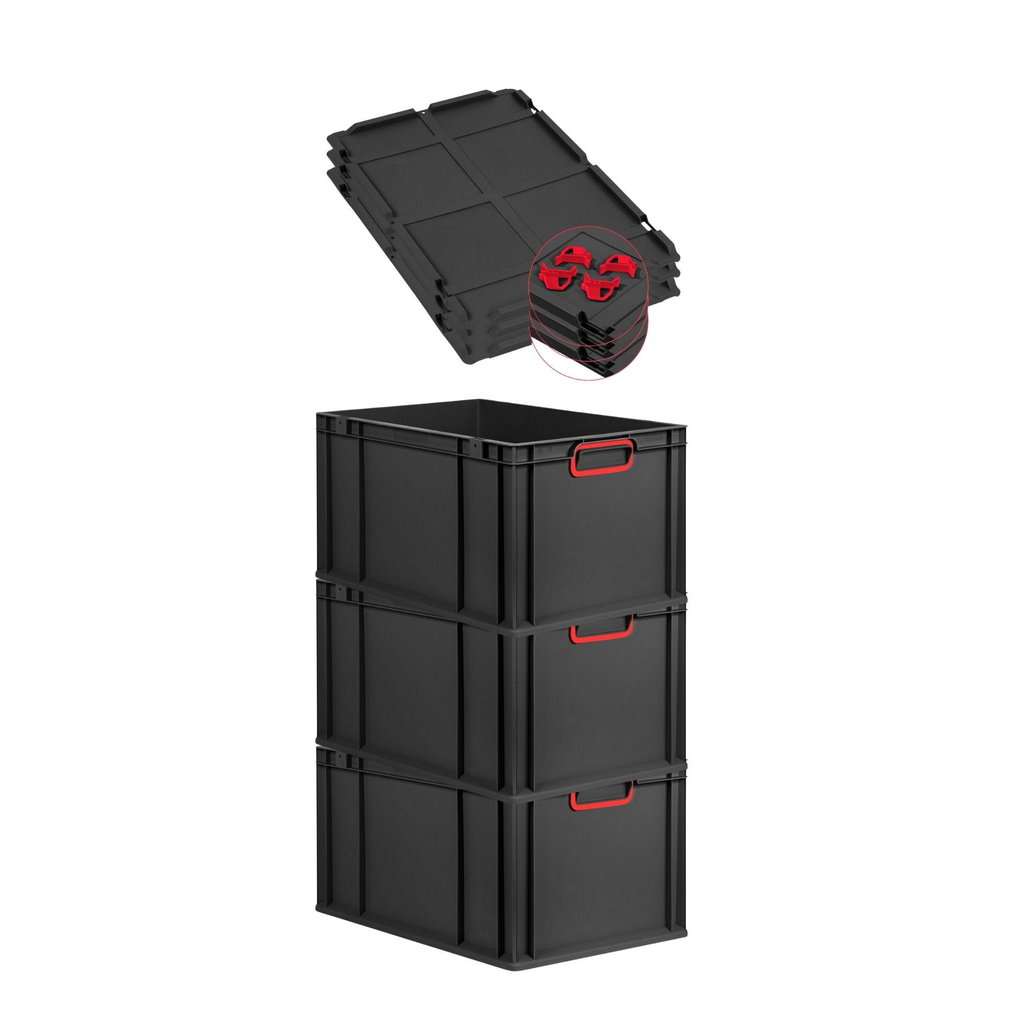 EUROBOX 3x NextGen Color mit Auflagedeckel 32x40x60 cm 65 Liter Schwarz Griffe rot zu - Rot/Schwarz, Kunststoff (40/32/60cm) - PROREGAL