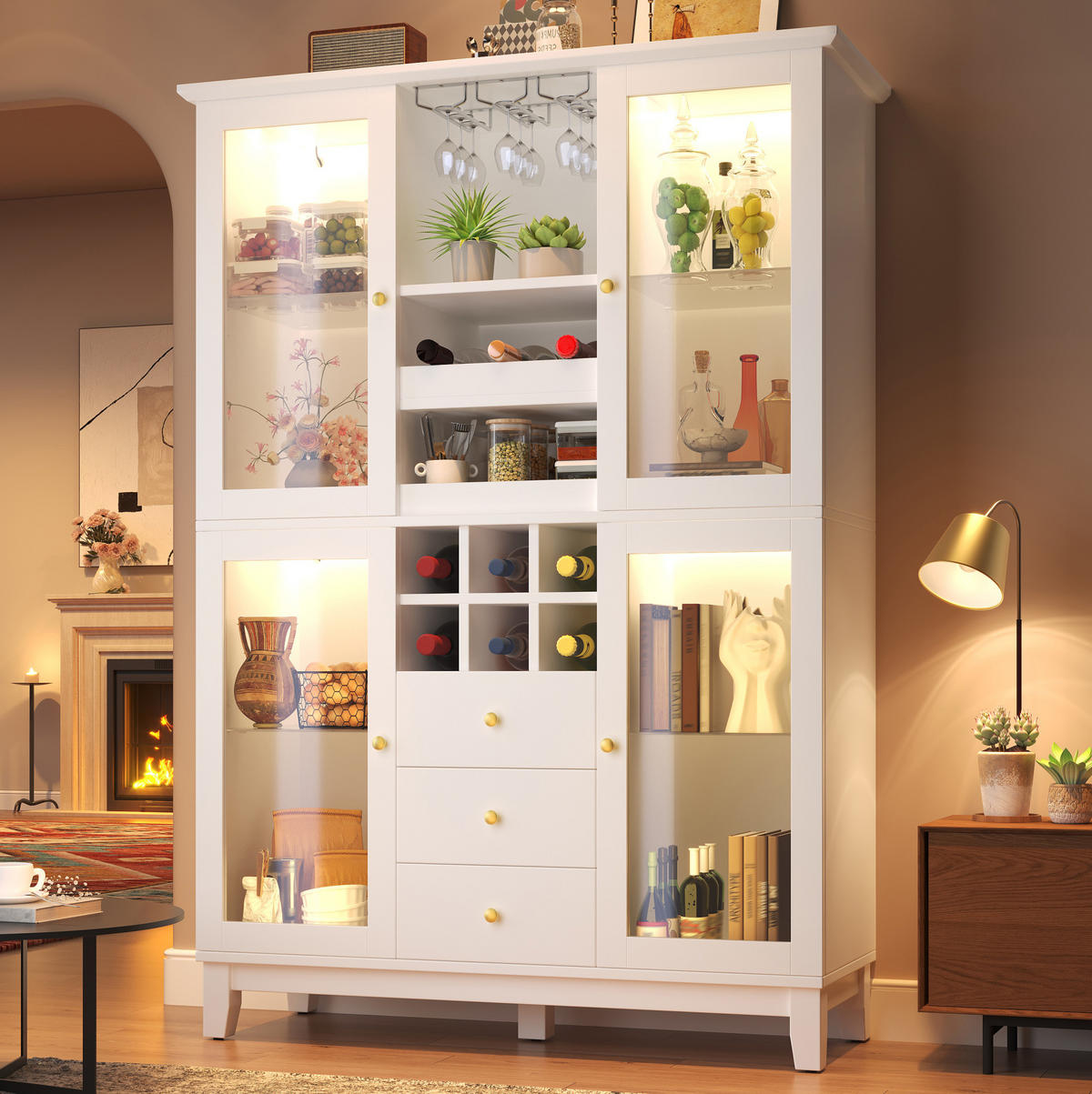 WEINSCHRANK mit LED-Beleuchtung 120 x 40 x 180,5 cm MDF Weiß - Weiß, Holzwerkstoff (40/180.5/120cm) - Meubliv