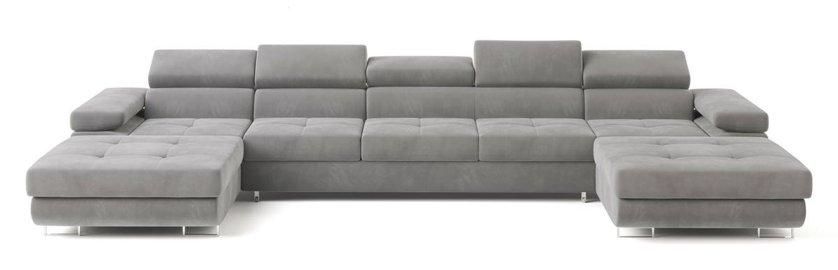 WOHNLANDSCHAFT OMBRA Hellgrau Velours-Stoff mit Schlaffunktion - Hellgrau, Holz (425/90/202cm) - MASSENO