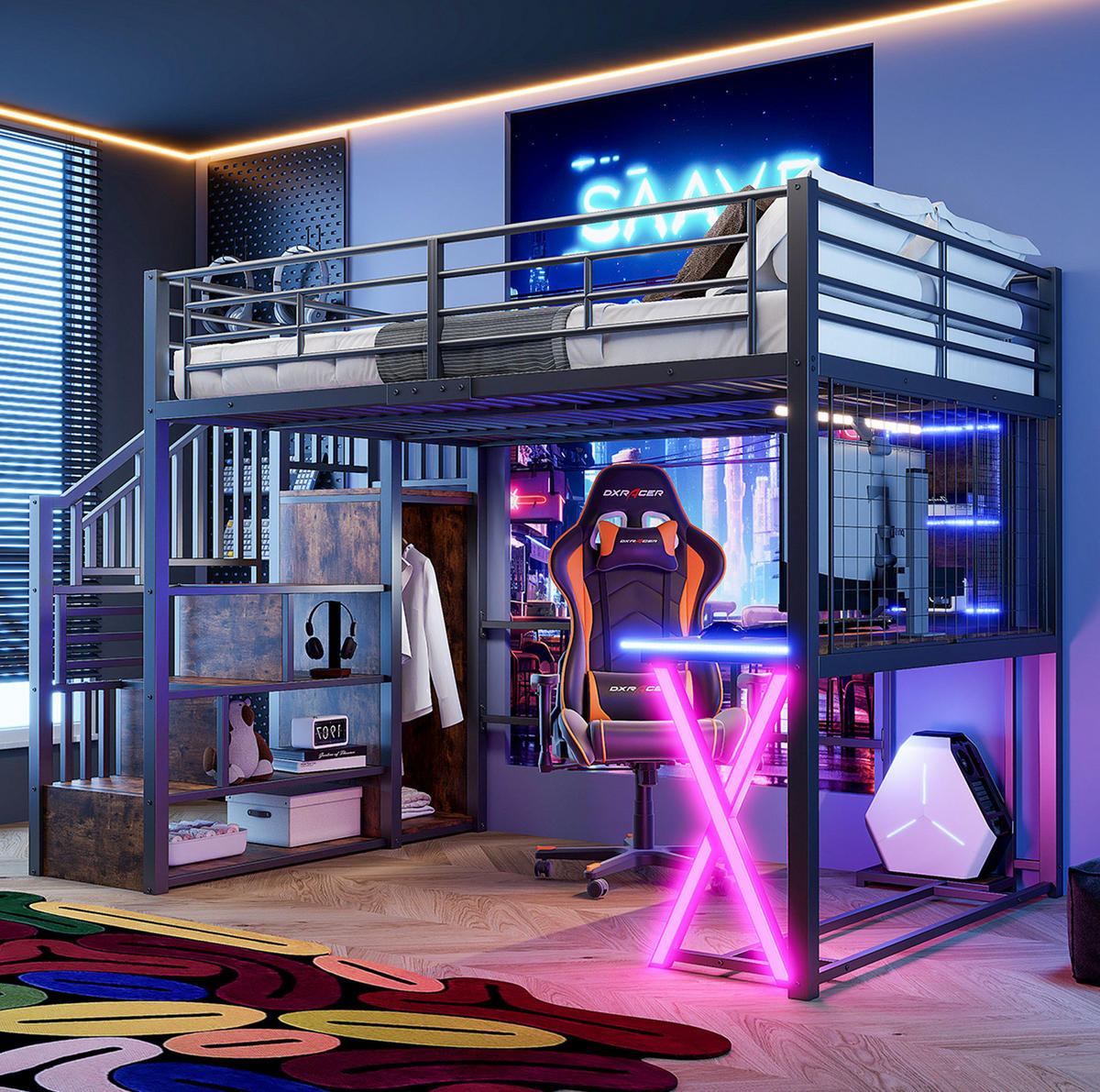 HOCHBETT 140/200 cm Schwarz mit LED-Beleuchtung, Ablageleiter, Schreibtisch, Kleiderschrank und Regalen - Schwarz, Metall (140/200cm) - OKMYHOME