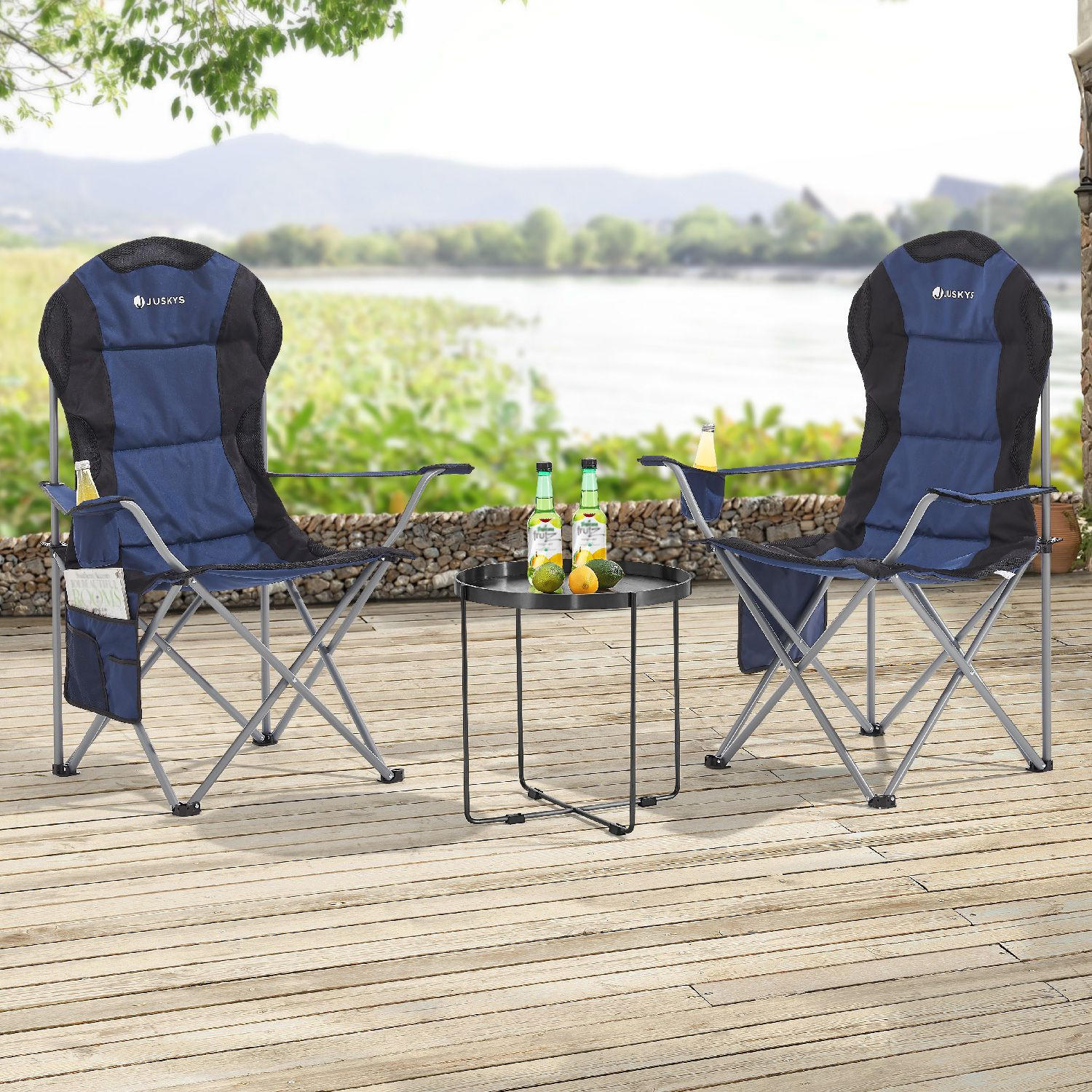 CAMPINGSTUHL Lido dunkelblau mit Flaschenhalterung & Tragetasche - Blau, Textil (62/102/62cm) - Juskys