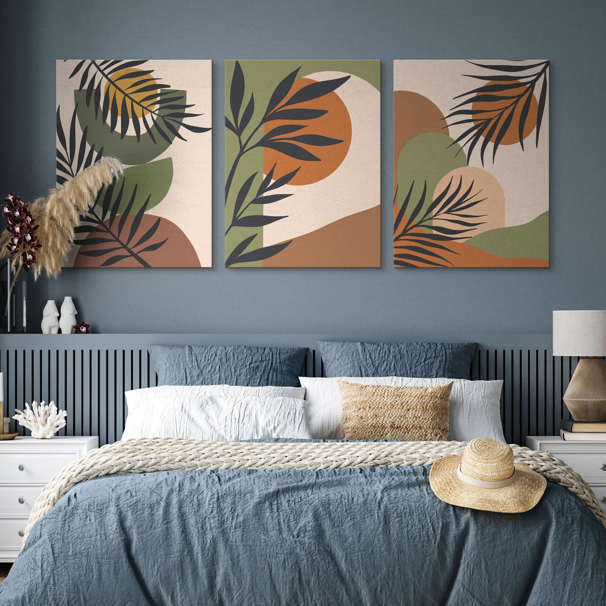 LEINWANDBILDER 3-er Set Blätter Boho - Beige/Schwarz, Textil (90/40cm) - Muralo