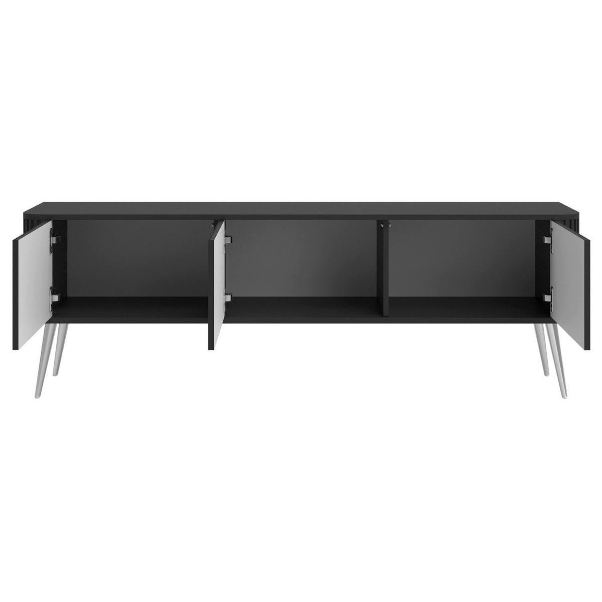 TV stolík Ovarlo čierny s drážkovanými čelami 3-dverový 163/49/38 cm - čierna/strieborná, kov/kompozitné drevo (163.2/49.2/38cm) - Selsey
