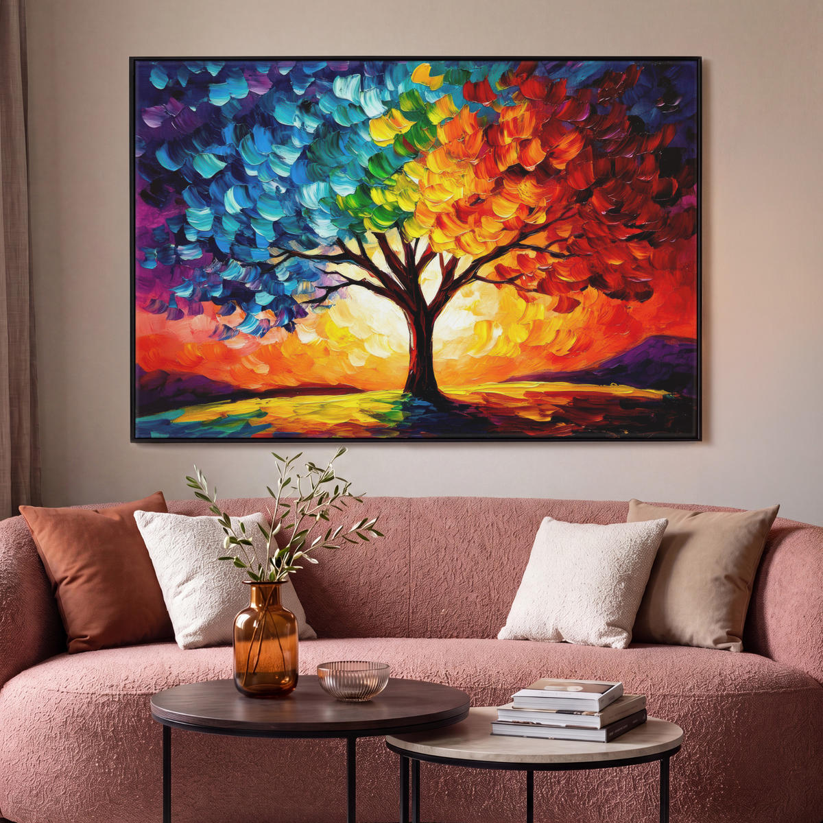 LEINWAND Bilder mit Rahmen - Baum - Kunst - Natur - Sonnenuntergang - 140x90 - Multicolor, Textil (140/90cm) - MuchoWow