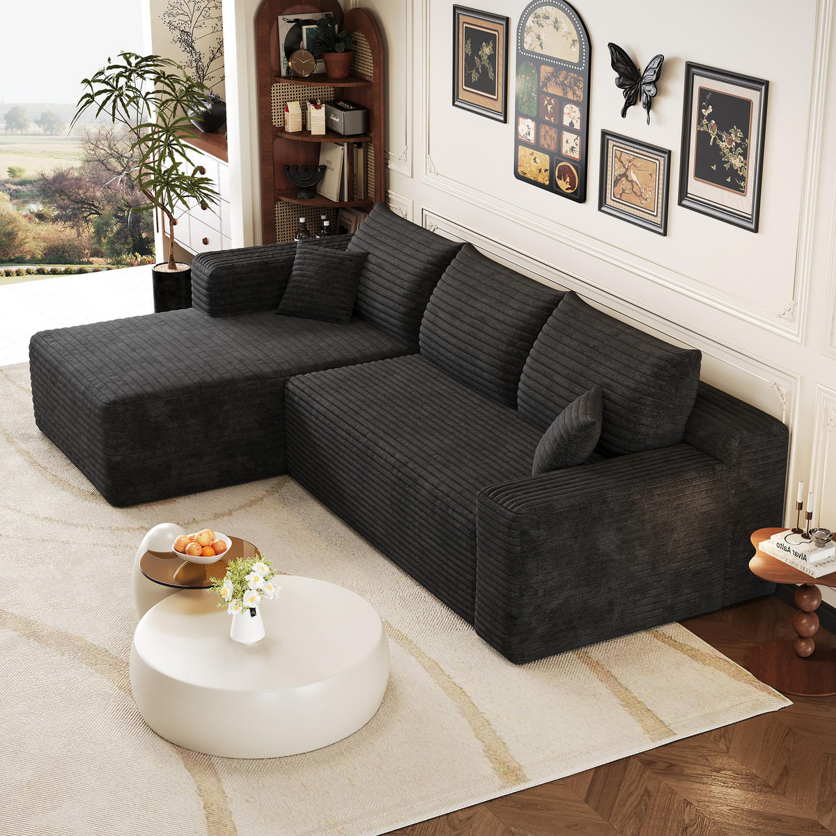 ECKSOFA Cord Schwarz ohne Montage - Schwarz, Textil (241/151cm) - WISHDOR