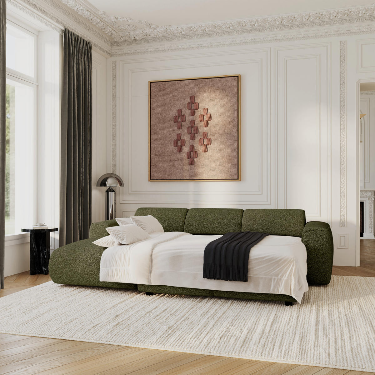 ECKSCHLAFSOFA Bouclé-Stoff Olivgrün 283cm - Olivgrün, Textil (283/180cm) - Sia Home