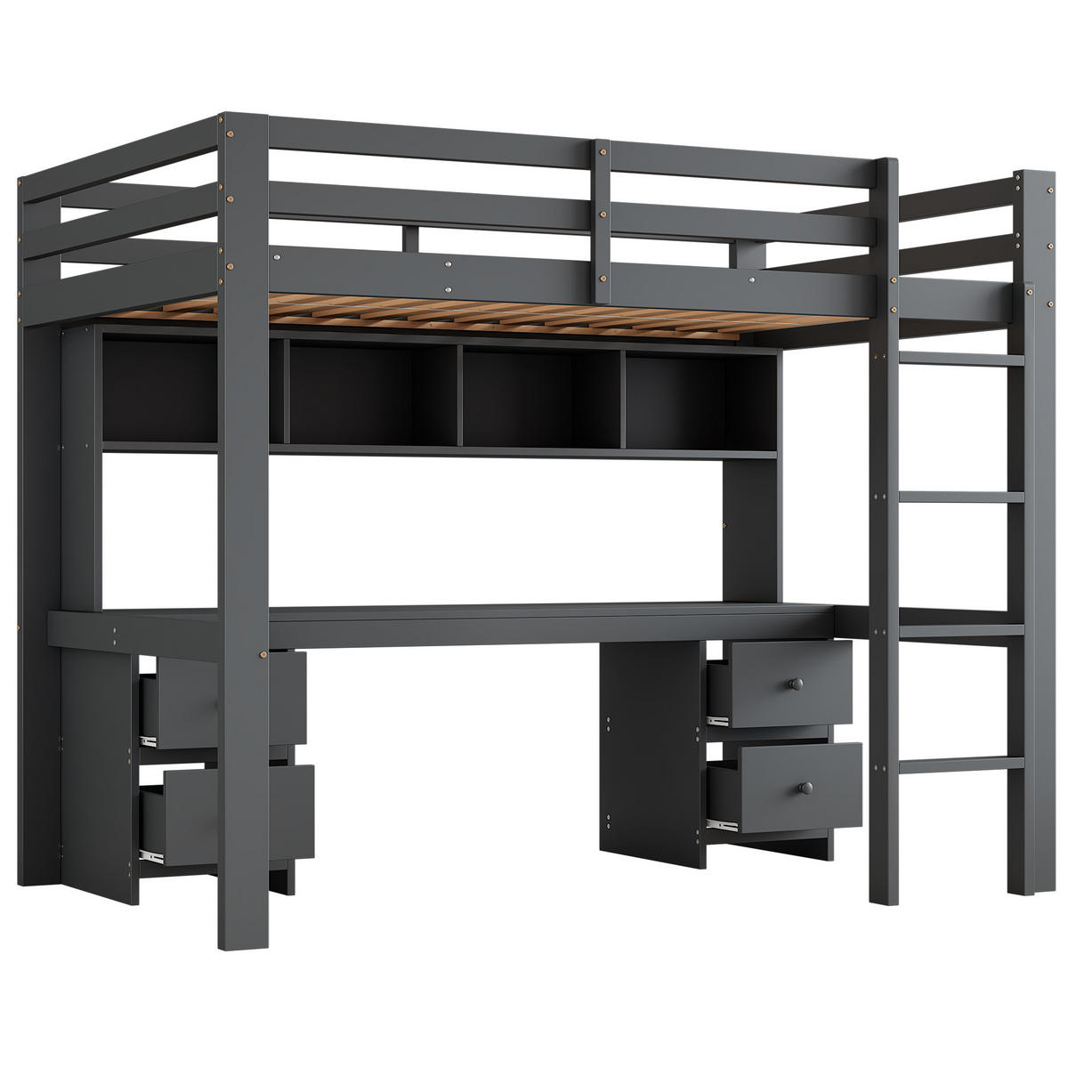 HOCHBETT 90/200 cm mit Schreibtisch, 4 Schubladen und 4 Ablagefächern aus Kiefern Holzwerkstoff und MDF, Grau - Grau, Holzwerkstoff (90/200cm) - Redom