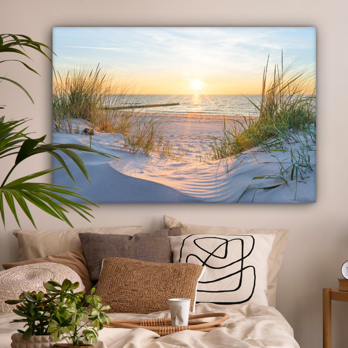LEINWANDBILD Strand - Sonne - Düne - Gras - Sand - Horizont Wohnzimmer 120x80 cm - Hellblau, Textil (120/80cm) - MuchoWow