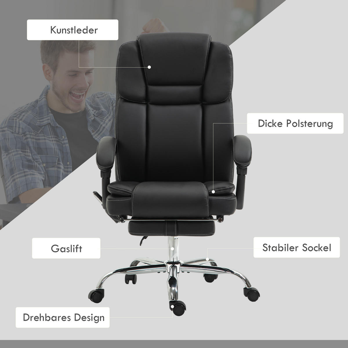 BÜROSTUHL mit Massagefunktion PC-Stuhl mit Heiz-, Liegefunktion Schwarz - Silberfarben/Schwarz, Kunststoff/Metall (67/126/66cm) - Vinsetto