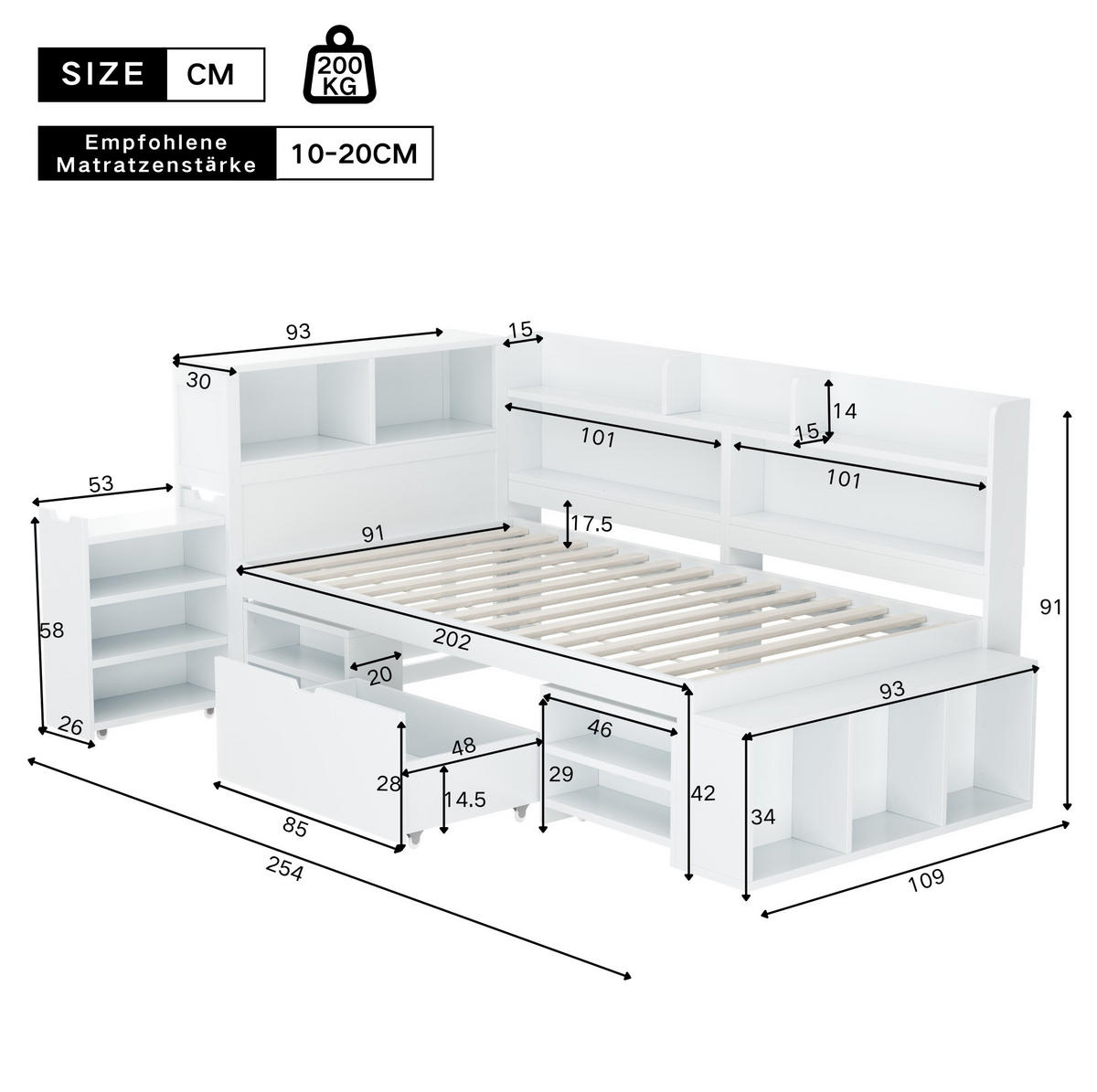 KINDEREINZELBETTEN aus Sperrholz 90x200 cm in Weiß mit Schubladen & Stauraum - Weiß, Holzwerkstoff (90/200cm) - Modfu