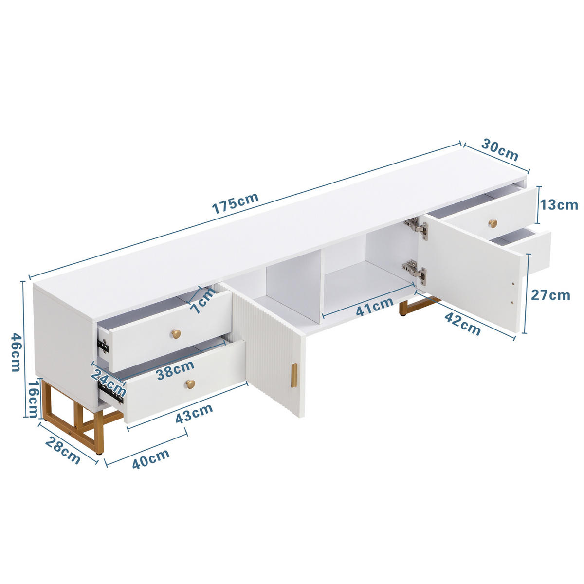 TV Lowboard 175 cm, 4 Schubladen, goldene Metallfüße, Weiß - Weiß, Holz (175/46/30cm)