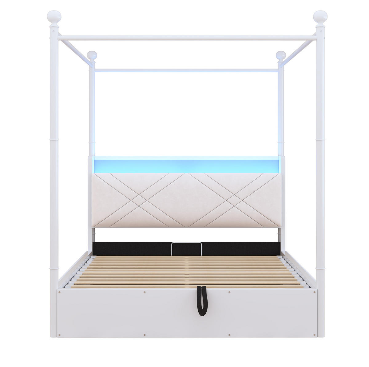 MULTIFUNKČNÍ postel 140/190 cm s odnímatelným nebesovým rámem, LED osvětlením, USB/Type-C a úložným prostorem, Bílá - bílá, kov (140/190cm) - Redom