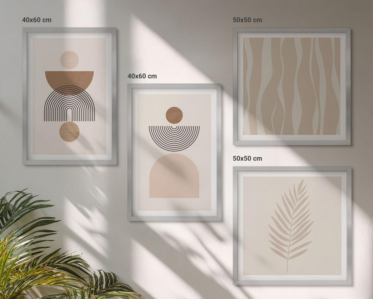 BILDER SET 4er Set - 50x50 cm & 40x60 cm Silberner Rahmen - Abstrakte Formen braun beige - Silberfarben, Kunststoff (50/50cm) - TULUP