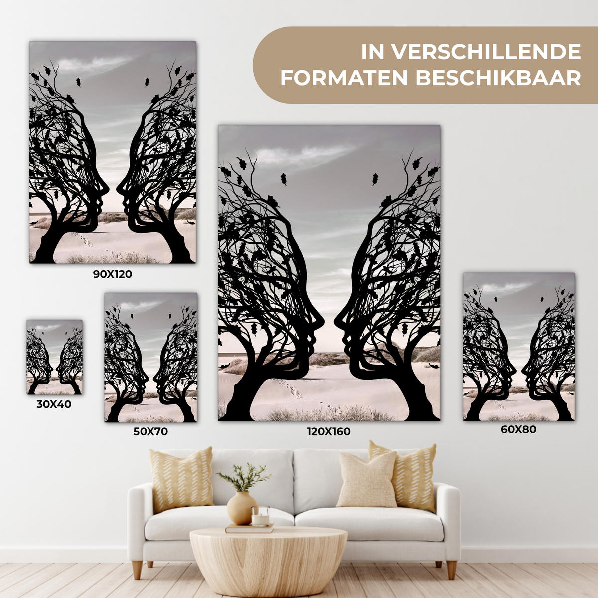 LEINWANDBILD Strand - Meer - Menschen - Baum - Moderne Kunst Room Decor 30x40 cm - Hellgrau, Textil (30/40cm) - MuchoWow