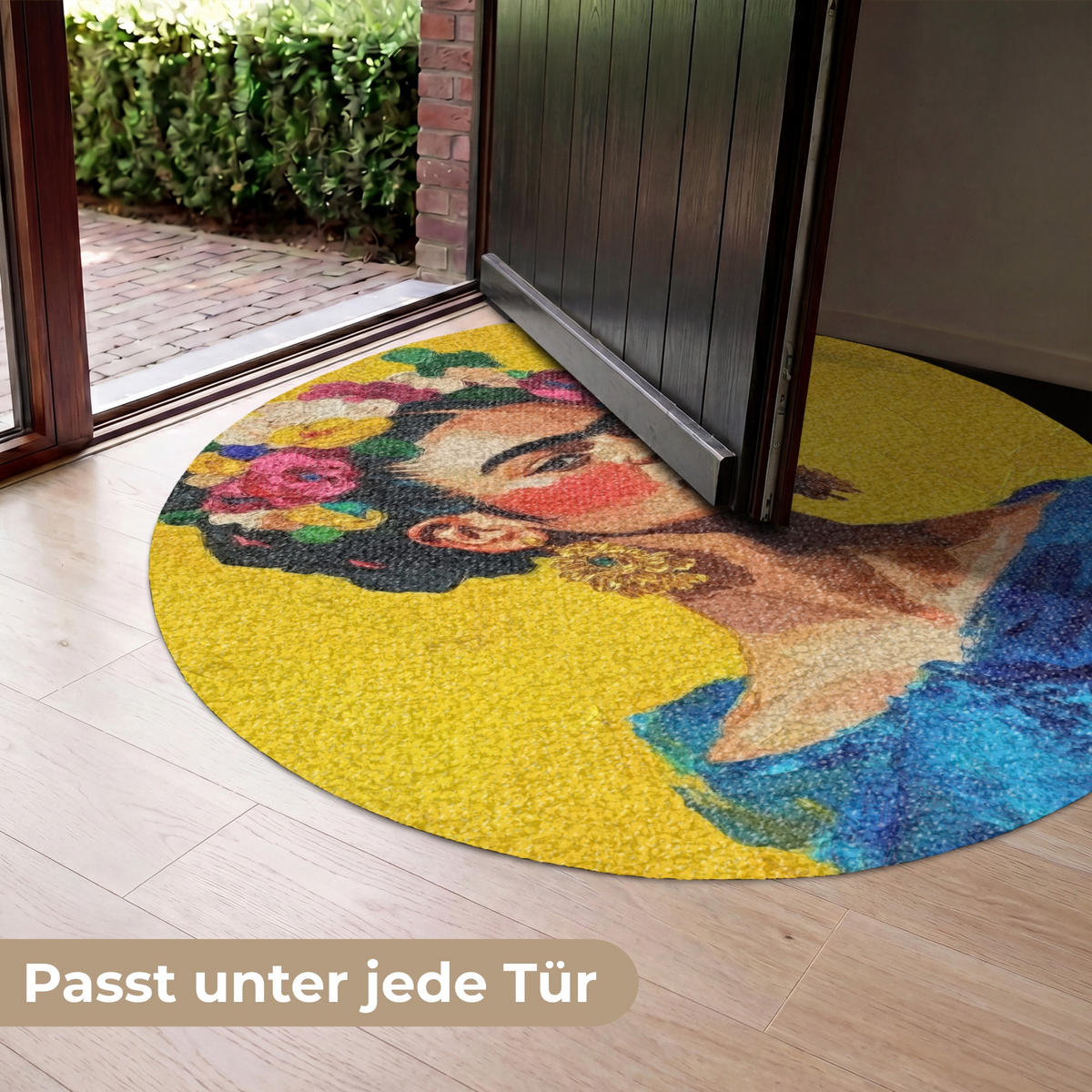 FUSSMATTE Frida Kahlo - Frau - Gelb - Blau - Blumen Schmutzfangmatte 120x120 cm - Gelb, Kunststoff (120/120cm) - MuchoWow