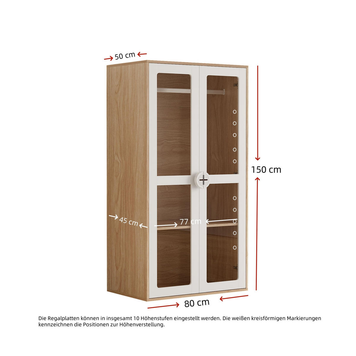 KLEIDERSCHRANK 80/50/150 cm in Natur/Weiß mit Acryltüren und verstellbaren Regalen - Naturfarben, Holzwerkstoff (80/150/50cm) - BEAOK