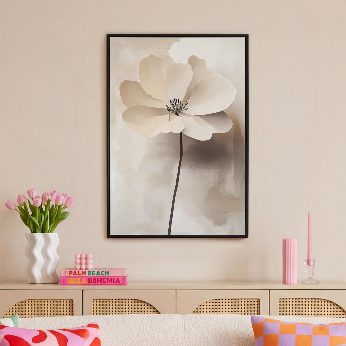 LEINWAND Bilder mit Rahmen - Blume - Beige - Farbe - Schatten - 60x90 - Creme, Textil (60/90cm) - MuchoWow