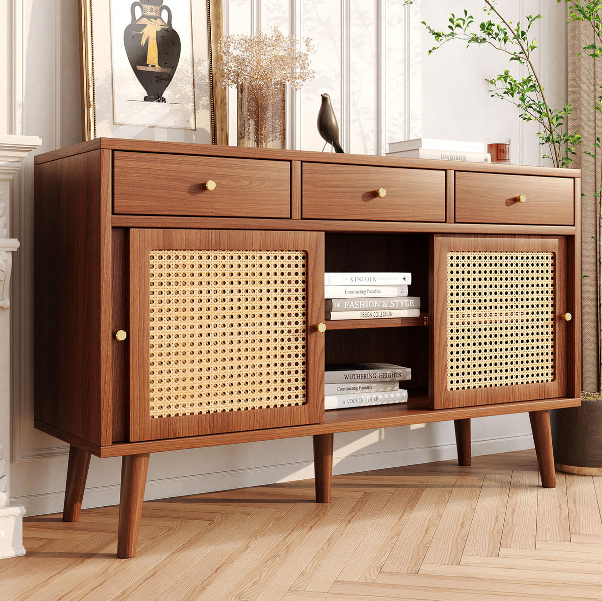 SIDEBOARD 120/40/78 cm mit 3 Schubladen & 3 Schiebetüren in Walnuss - Eichefarben, Holzwerkstoff (120/78/40cm) - BEAOK